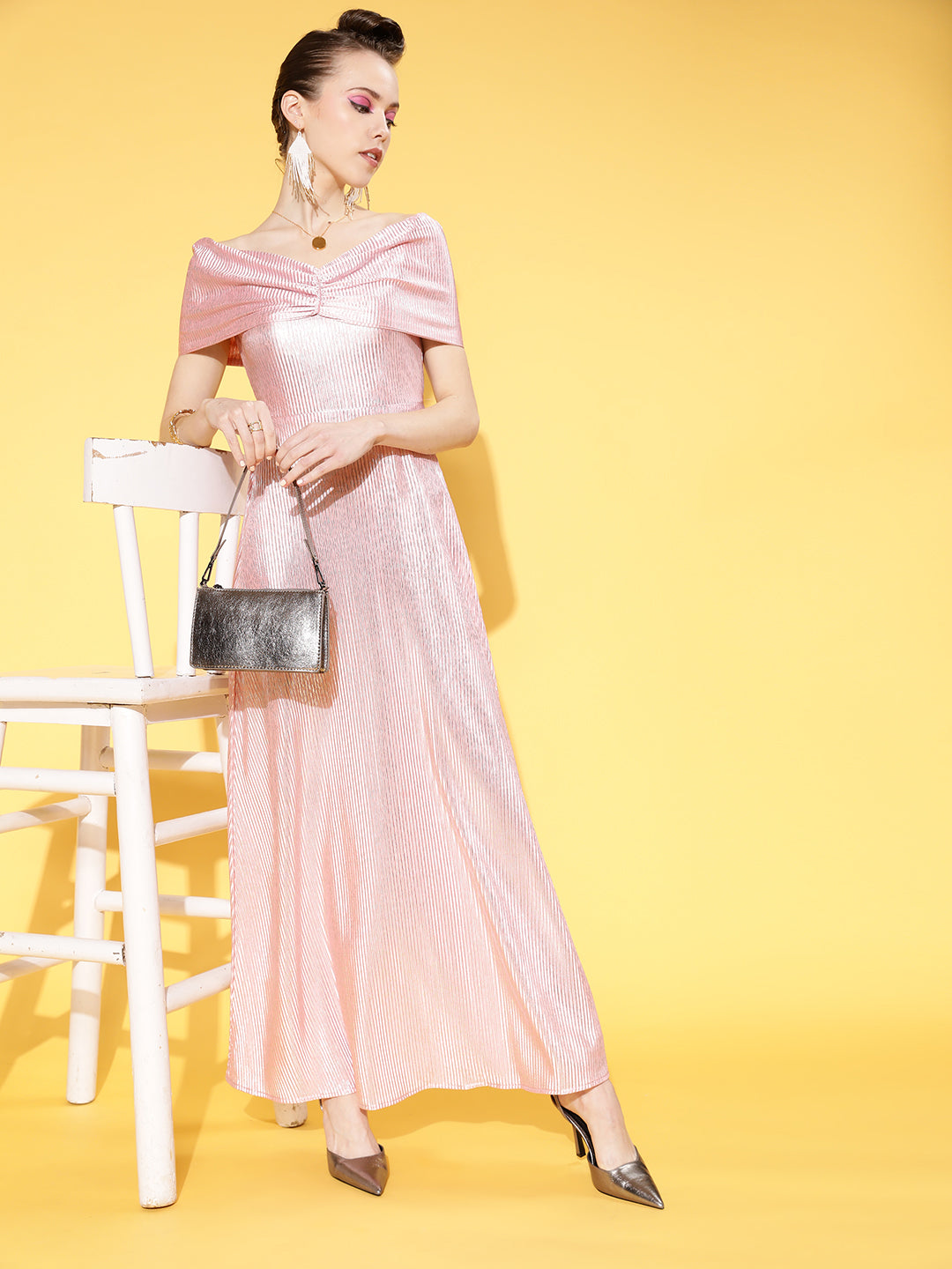 Women Bright Pink Solid Pleated Form Dress