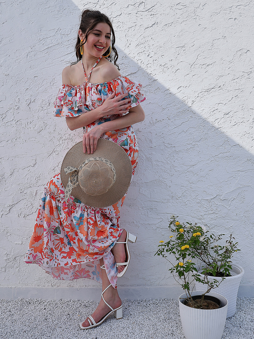 Orange Floral Printed Halter Neck Tiered Gathered Crepe Maxi Midi Dress