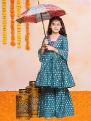 Silk blend Woven Three-Quarter Sleeves Woven Design Flared Kurta And Sharara Set