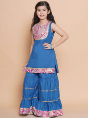 Girls Blue Solid Kurta with Sharara