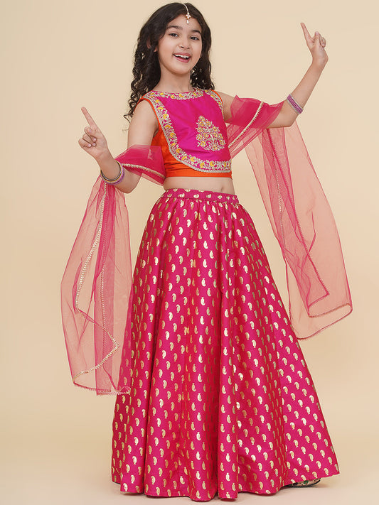 Girls Orange & Pink Embroidered Choli & Ready to Wear Lehenga With Dupatta