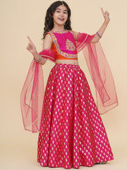 Girls Orange & Pink Embroidered Choli & Ready to Wear Lehenga With Dupatta