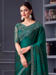 Women's Satin Silk Teal blue Embellished Designer Saree With Blouse Piece