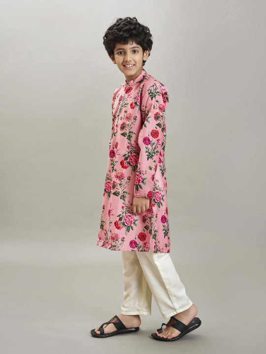 Boys Peach floral printed kurta with a off white pajama