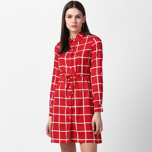 Women's Red and White Check Shirt Dress with Belt