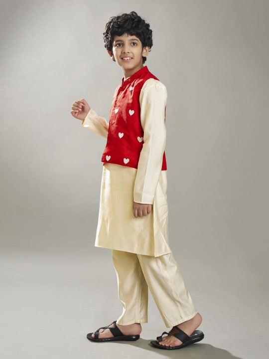 Boys off white kurta pajama with a red embroidery jacket