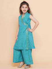 Solid Sleeveless Above Knee Length Cotton Kurta With Palazzo - Sea Green