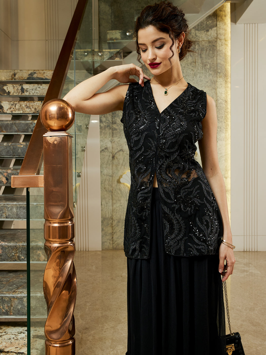 Women Emboridered Sequined Waistscoat & Skirt Co-Ord Set