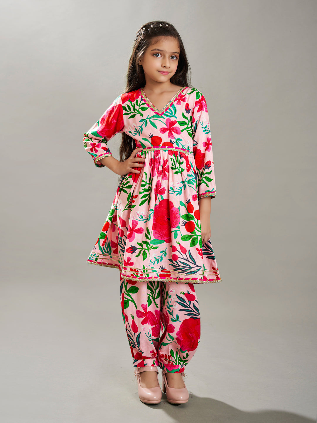 Girls Peach Multi Floral Printed Cotton Kurta with Trousers set