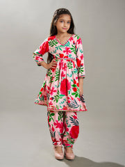 Girls Peach Multi Floral Printed Cotton Kurta with Trousers set