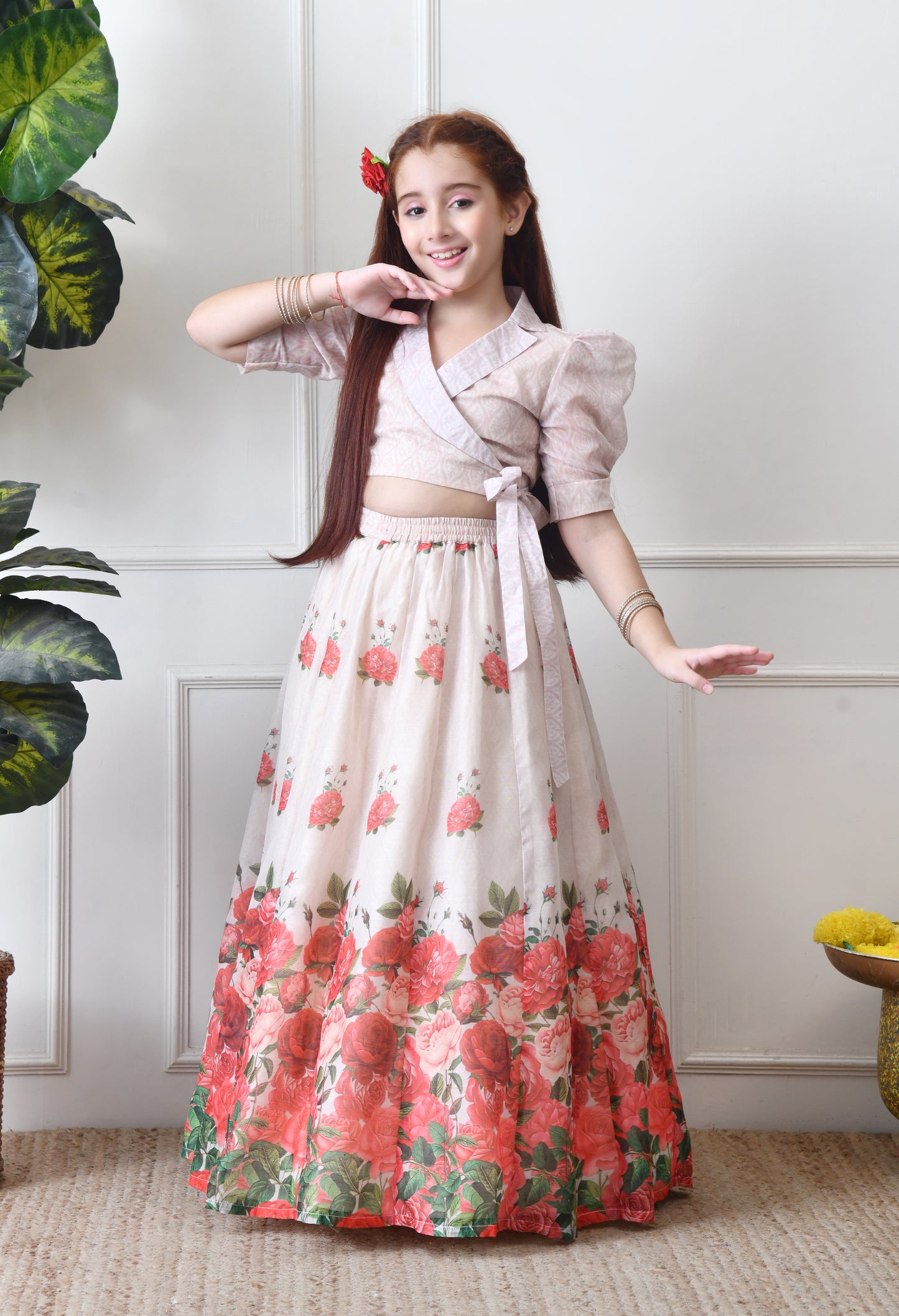 Girls Floral Printed Lehenga Choli Set Cream Wrap Top with Rose Print Skirt