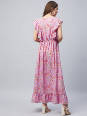 Women's Lavender Floral Maxi Dress with Flutter Sleeves
