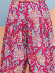 cotton Woven Sleeveless Floral Print A Line Kurta And Salwar With Dupatta Set - Pink