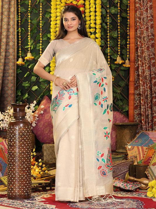 Cream Linen Cotton Saree with Bold Peacock Pallu – Elegant Zari Border Saree for Festive & Party Wear | Lightweight & Soft Fabric