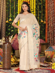 Cream Linen Cotton Saree with Bold Peacock Pallu – Elegant Zari Border Saree for Festive & Party Wear | Lightweight & Soft Fabric