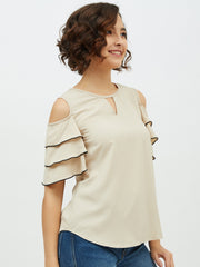 Women's Gold Polyester Moss Tier Sleeve Top