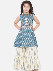 cotton Woven Sleeveless Floral Print A Line Kurta And Sharara Set - Blue