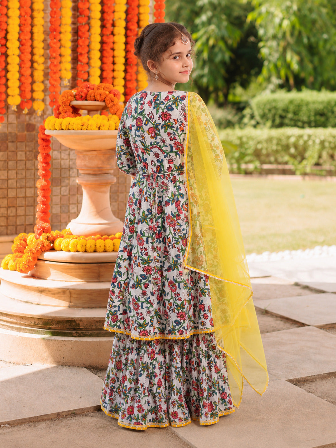 Girls white Floral Printed Kurta with Sharara & Dupatta