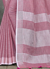 Elegant Peach Woven Linen Saree with Contrast Zari Border & Tassels – Soft & Breathable Party Wear