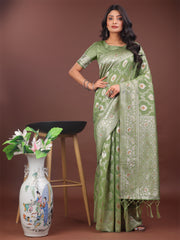 Elegant Sea Green Linen Cotton Saree with Silver Zari – Perfect Blend of Comfort & Charm
