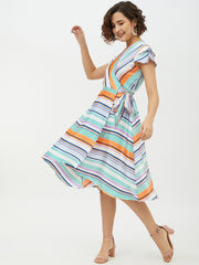Women's Polyester Satin Striped Wrap Dress