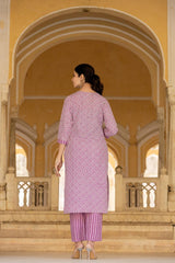Women Lavender V Neck Thread Embroidered Kurta Paired With Printed Bottom And Dupatta