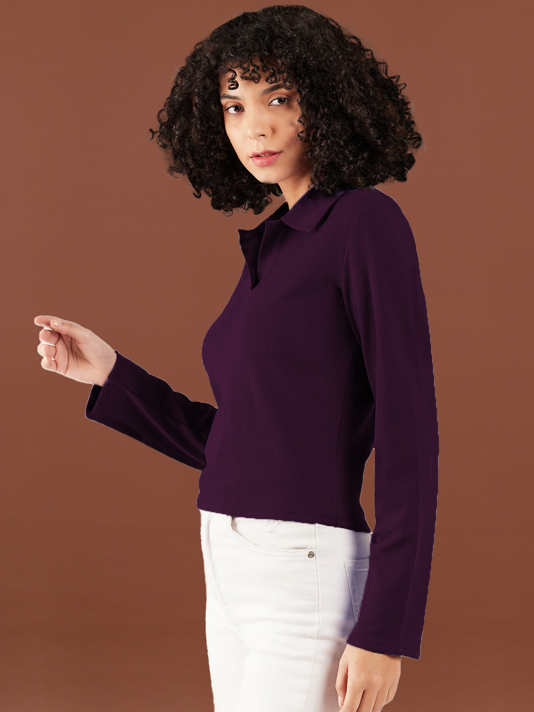 Women Ribbed Polo Collar T-shirt