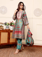 Women Green Round Neck Gotta Lace Detailed Ethnic Printed , Three Quarter Sleeve Straight Kurta  With Tonal Bottom With Lace Detailing