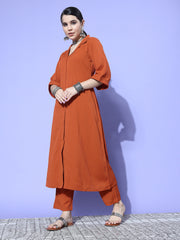 Kalini Women Rust Shirt Collar Neck A-Line Kurta Paired With Tonal Bottom