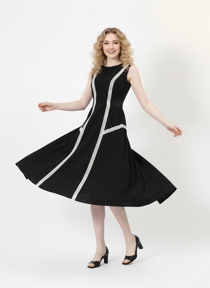 Black Pure Cotton Smocked Lace Dress-ADR-19731