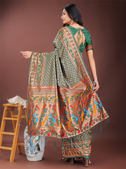 Vibrant Copper & Blue Banarasi Silk Saree with Colorful Pallu – Perfect Blend of Tradition and Festive Elegance