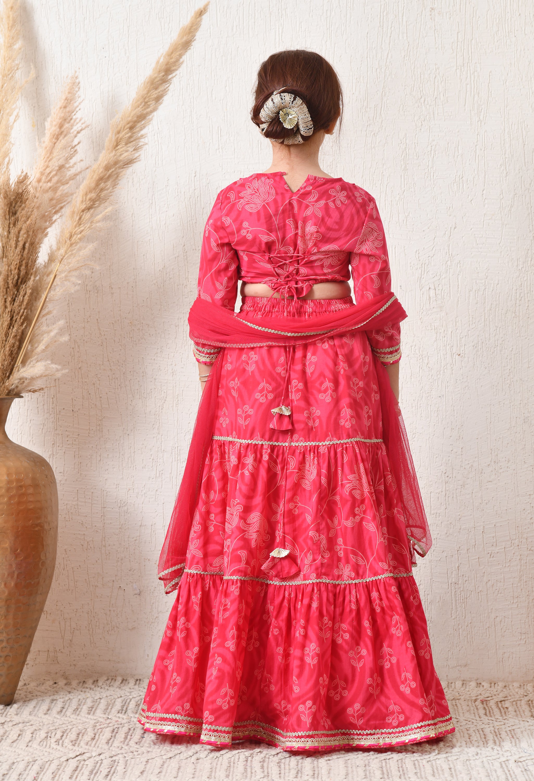 Girls Pink Tiered Lehenga Choli Set with Dupatta Traditional Festive Wear