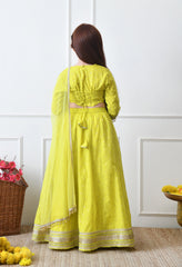 Girls Lime Green Embroidered Lehenga Choli Set with Net Dupatta