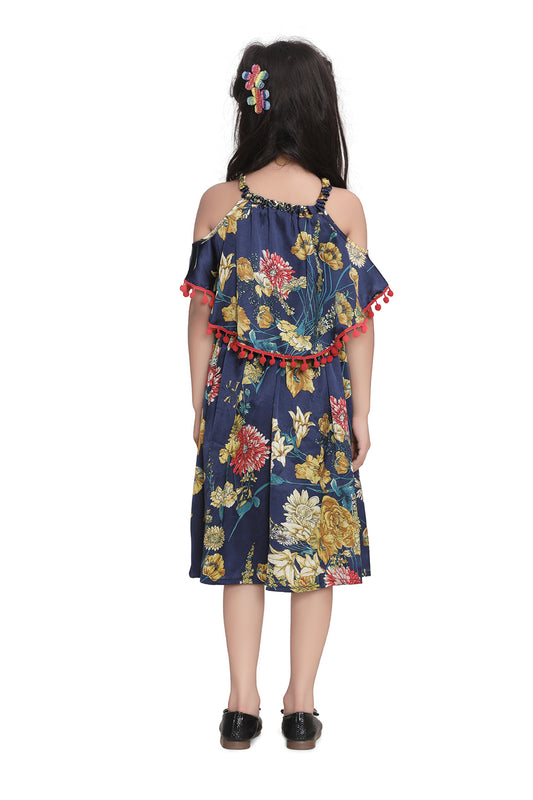 Navy Floral Printed Satin Dress with Pom Pom Lace
