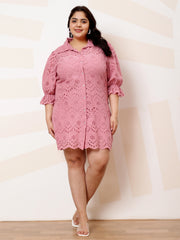 Plus Size Self Design Cotton Puff Sleeve Shirt Casual Dress