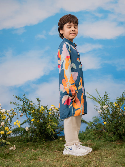 Boys' Multi Color Base Blue Kurta Pyjama Set