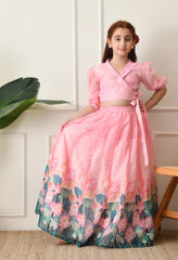 Girls Pink Lotus Print Lehenga Set with Wrap Style Blouse.??