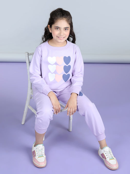 Girls Lavender Heart Printed Tracksuit