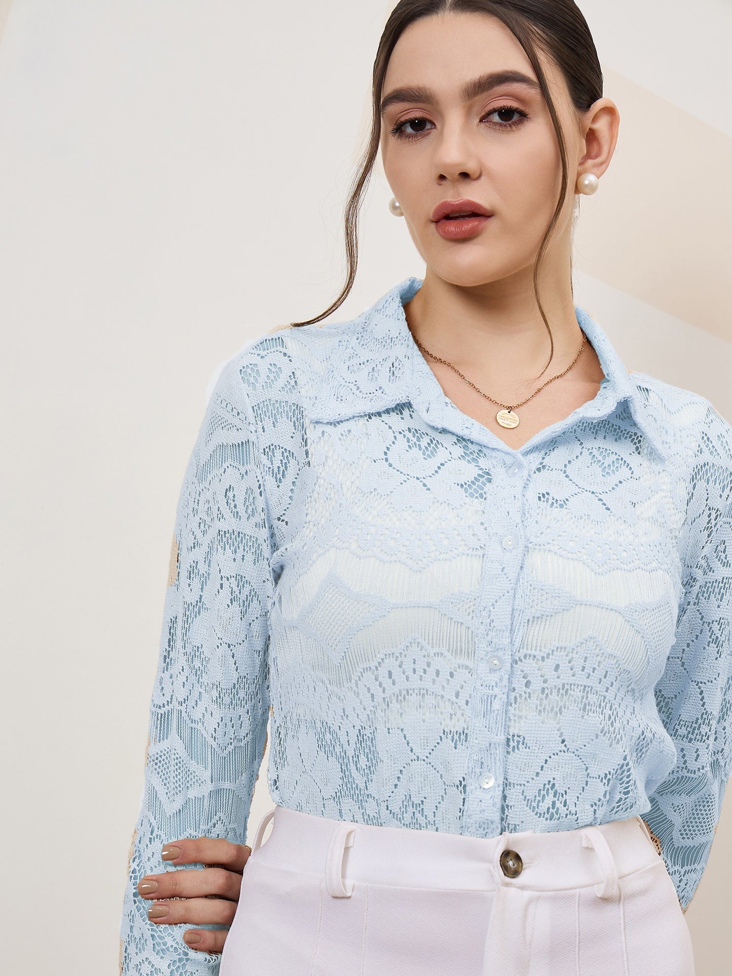 Self Design Cuffed Sleeves Lace Inserts Semi Sheer Shirt Style Top