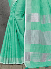 Elegant Peach Woven Linen Saree with Contrast Zari Border & Tassels – Soft & Breathable Party Wear