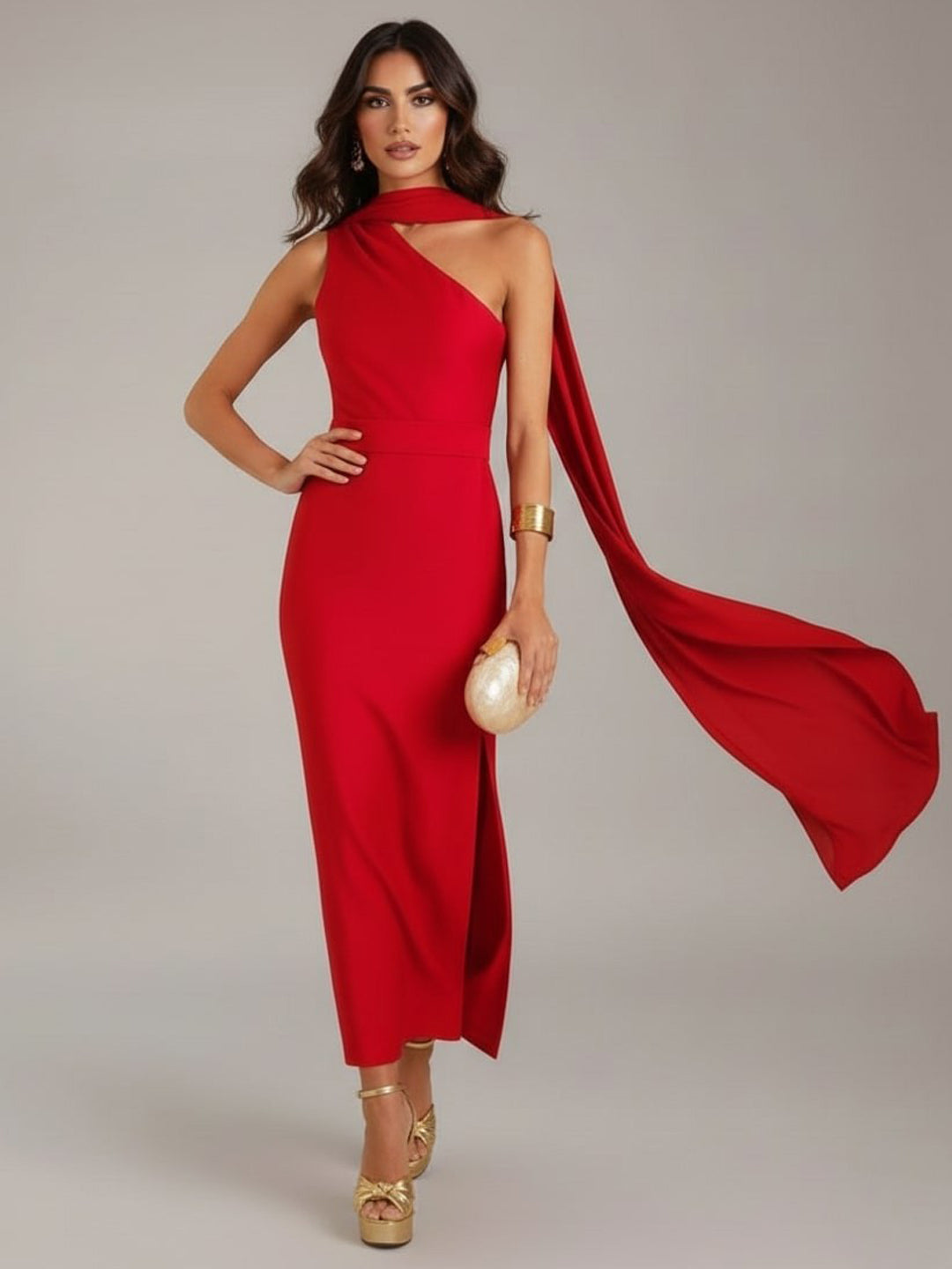 One-Shoulder Red Bodycon Scarf Dress-ADR-19817