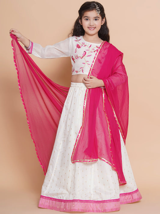Girls White Embroidered Choli White Woven Design Ready to Wear Lehenga With Dupatta
