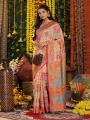 Off White Linen Cotton Saree with Multicolor Ethnic Print – Soft & Lightweight Saree for Festive, Daily, and Office Wear