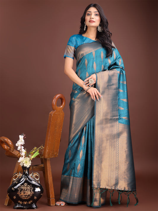 Teal Blue Linen Cotton Saree with Golden Zari Leaf Woven Design & Rich Pallu – Festive Wear | Office Look | Soft Drape