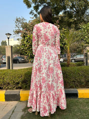Varanga Women  Off-White Floral Printed Sequin Embroidered Angrakha Ethnic Dress