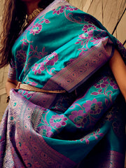 Women's Satin Silk Teal blue Woven Design Designer Saree With Blouse Piece