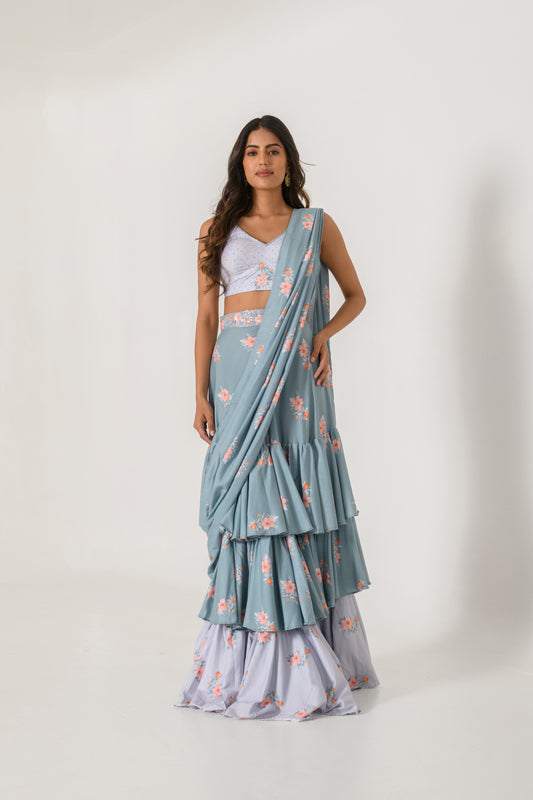 Aqua Blue & Slate Grey Ruffle Saree