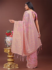 Elegant Orange Linen Cotton Saree with Floral Weave & Soft Gold Pallu – Graceful Choice for Casual, Office & Festive Looks