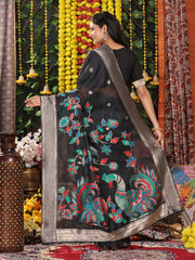 Cream Linen Cotton Saree with Bold Peacock Pallu – Elegant Zari Border Saree for Festive & Party Wear | Lightweight & Soft Fabric