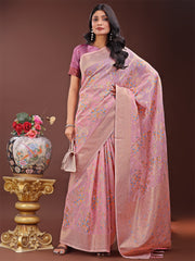 Elegant Orange Linen Cotton Saree with Floral Weave & Soft Gold Pallu – Graceful Choice for Casual, Office & Festive Looks